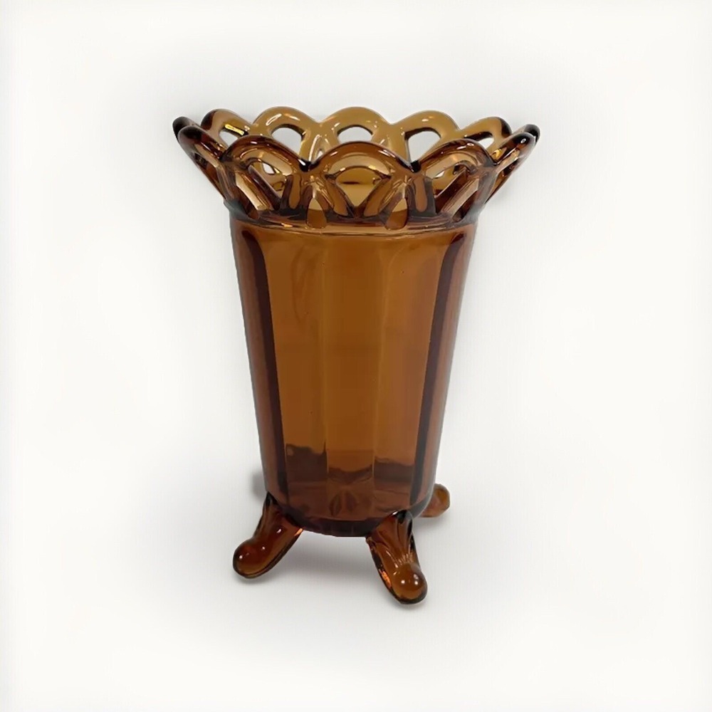 Amber Imperial Glass Vtg 1930s Four Footed Vase 5 Inch Pressed Wth‎ Lacework Rim